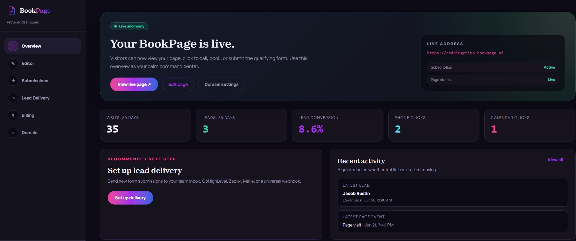 BookPage provider dashboard showing a live SoftWave page overview, lead activity, conversion metrics, and navigation